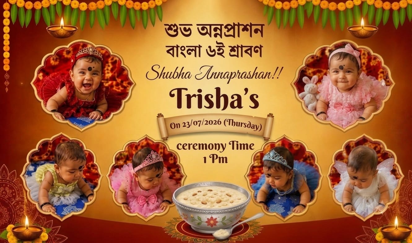 Bengali printed invitation card for Trisha's Shubha Annaprashan