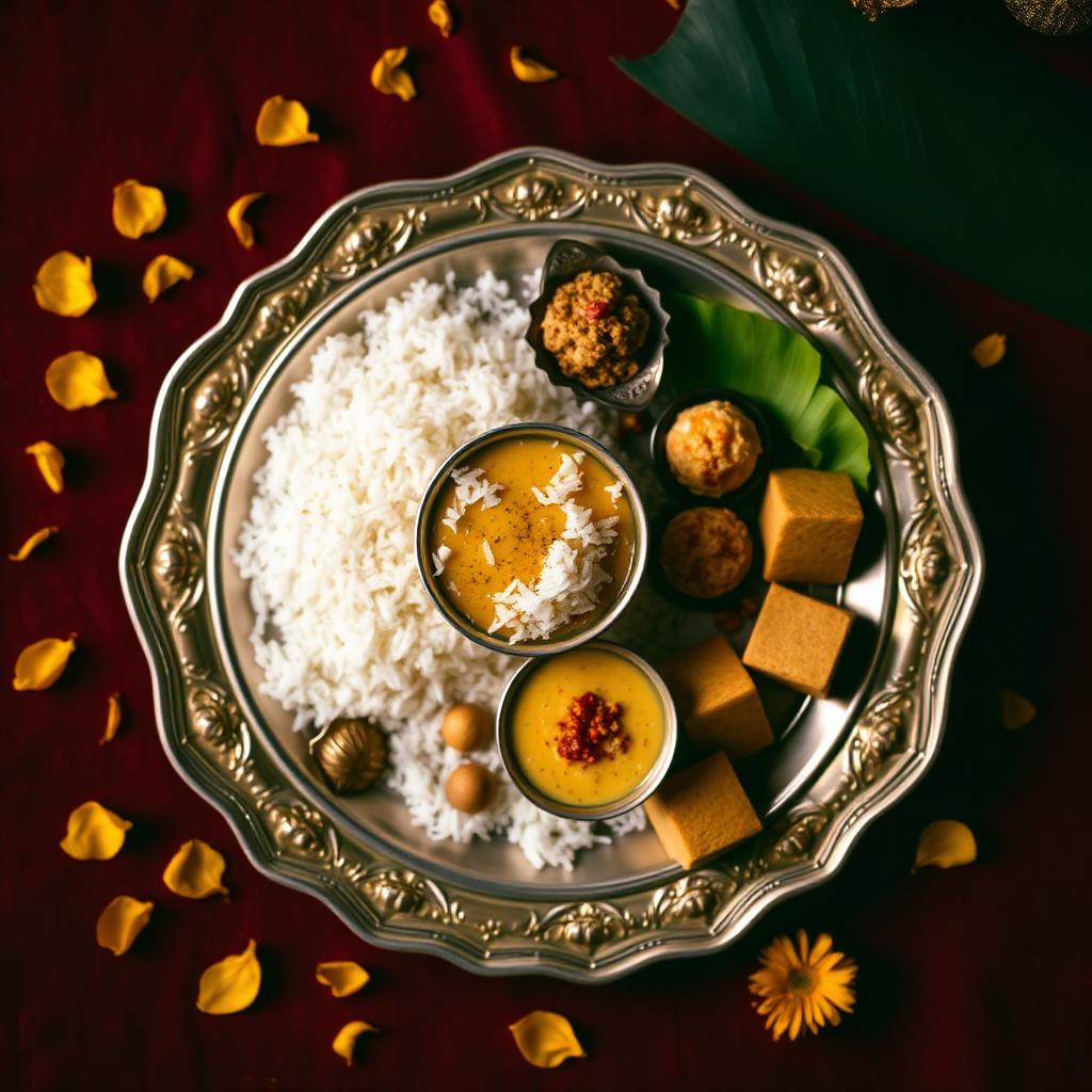 Silver thali with rice, payesh and sweets